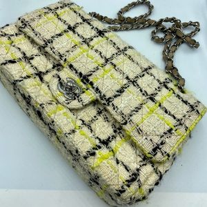 Chanel Tweed Plaid Cream/Black,Yellow Shoulder Bag